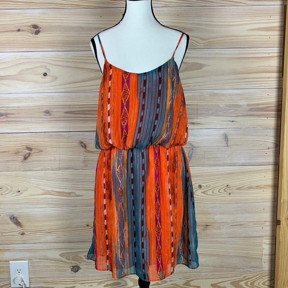 City Triangles Dress Women Medium Tribal Bold Boho Blouson Mini Spaghetti Strap